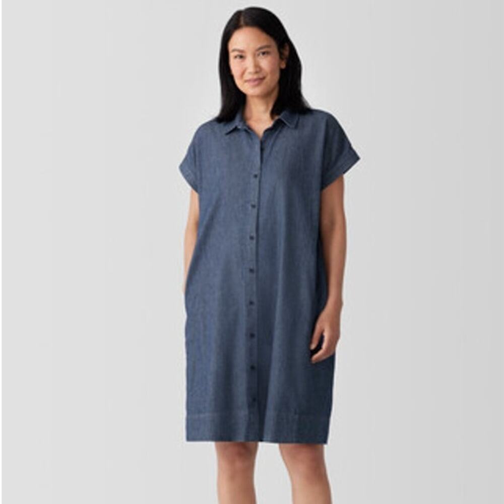 Eileen Fisher Airy Organic Cotton Twill Shirtdress Denim Small Pockets